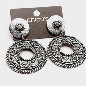 Chico’s Silver Tone Rhinestone Dangle Earrings on Card, 2⅜" Statement Posts